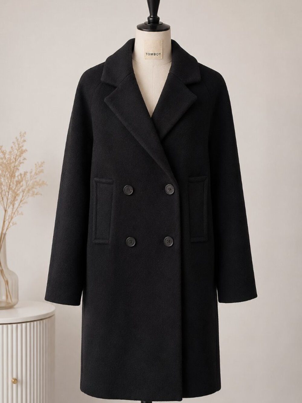 TOMBOY Double-Breasted Wool Blend Coat – Minimalist Black Korean Long Coat